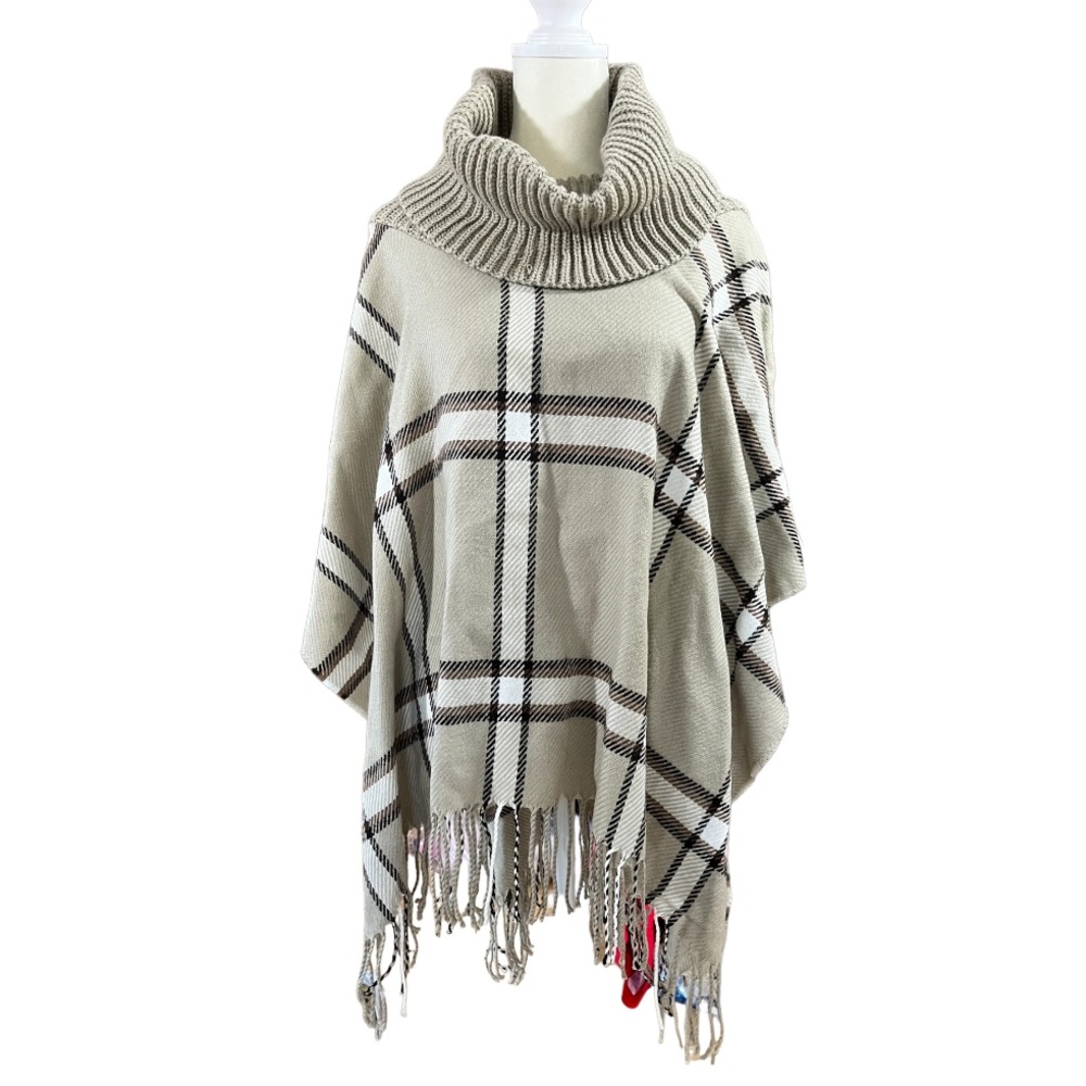 Apt. 9 Cream Plaid Cowl Neck Fringe Poncho Wrap Cover-Up One Size NWT